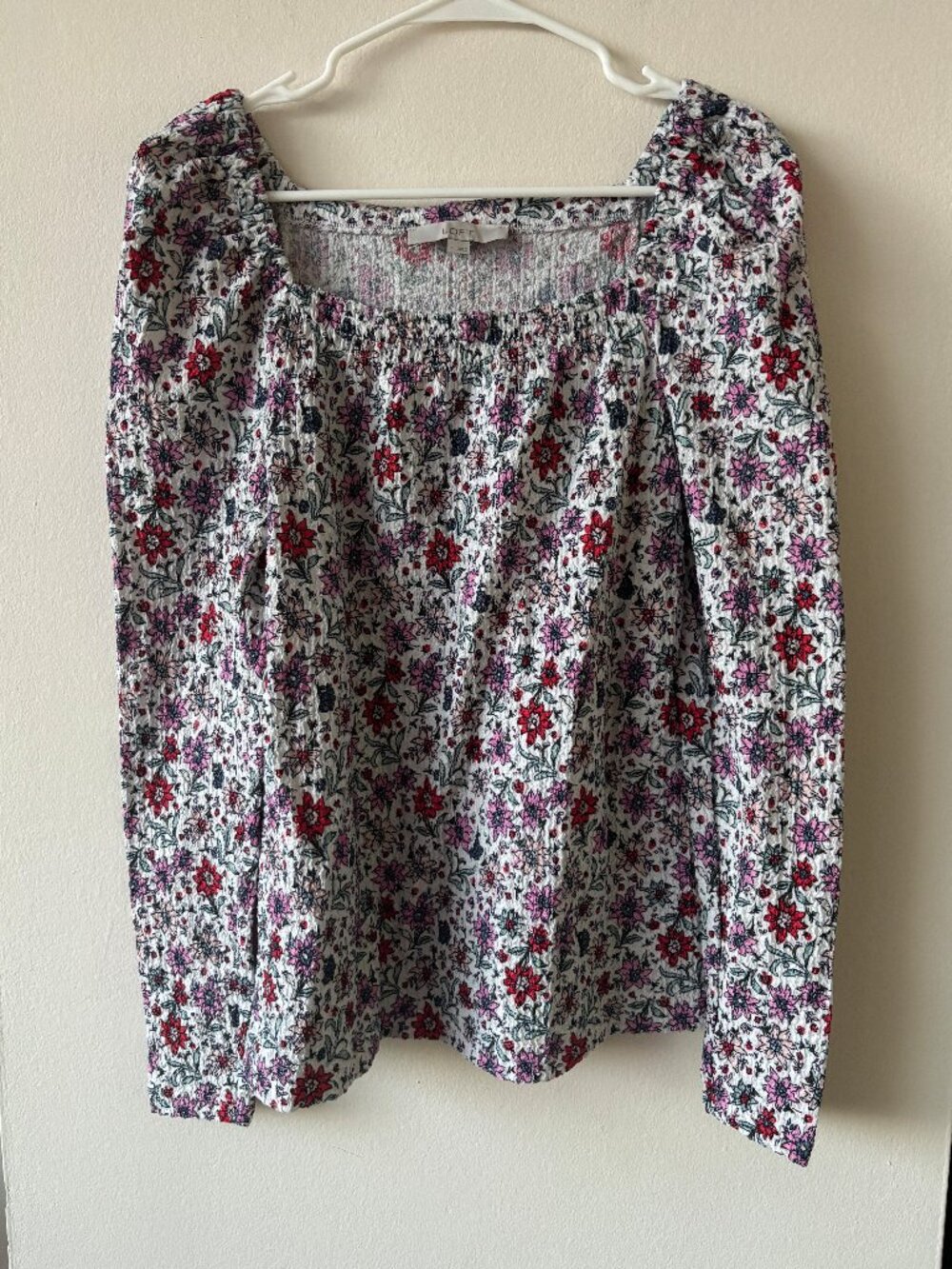 LOFT White Floral Long Sleeve Peasant Blouse